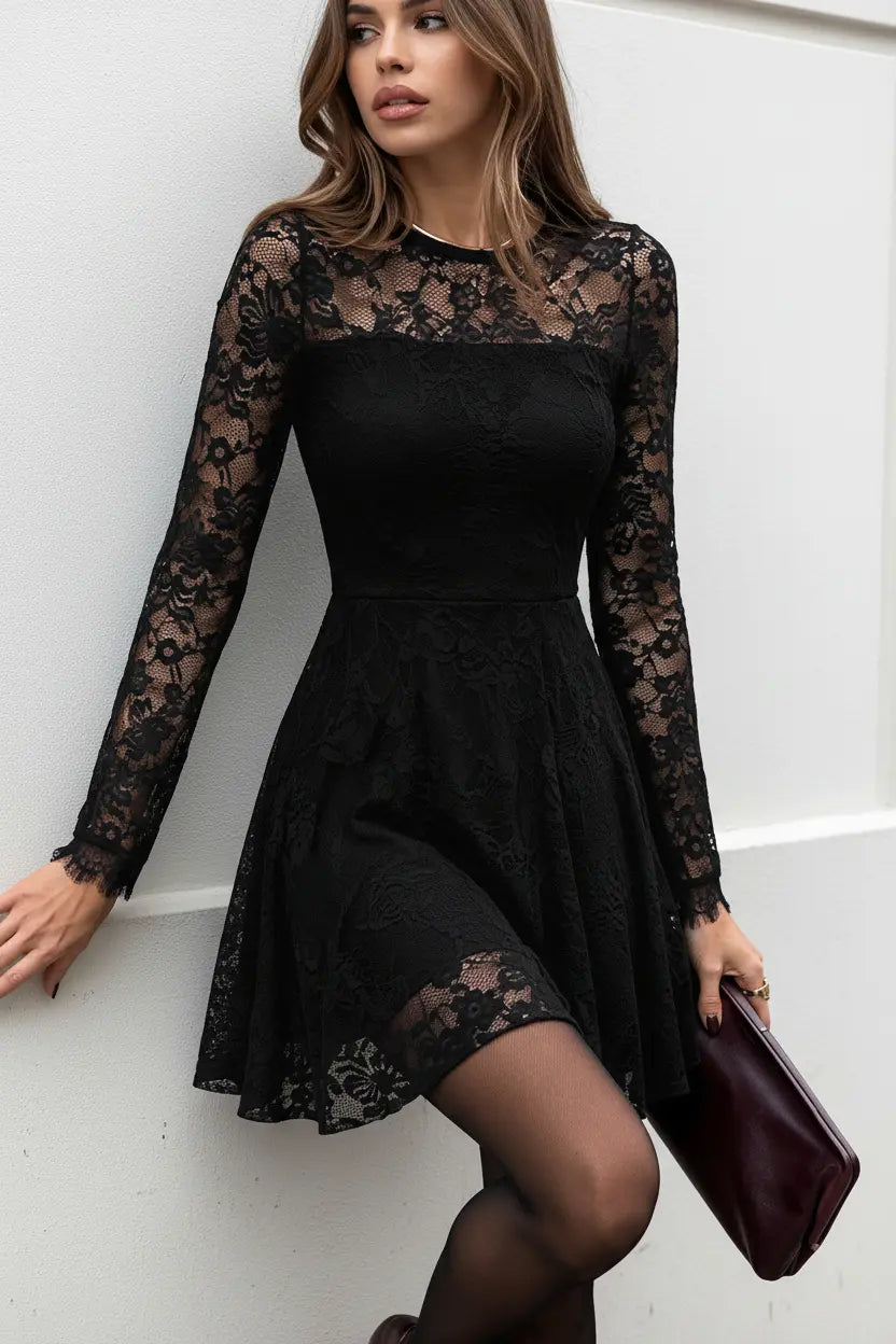 Robe noire en dentelle à manches longues femme SecretBombe
