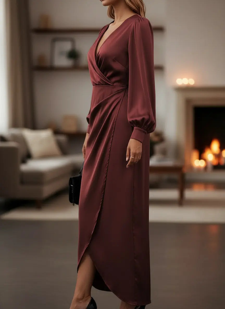 Robe fluide bordeaux SecretBombe, coupe droite portefeuille, silhouette élancée