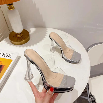 Sandales femme argent talon moderne transparent SecretBombe