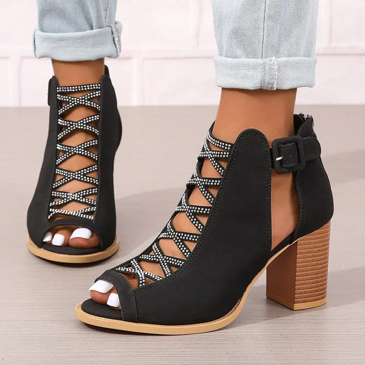 Sandales Femme Talon Bloc Cuir Végan Noir Confortables