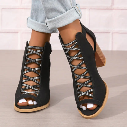 Sandales Femme Talon Bloc Cuir Végan Noir Confortables