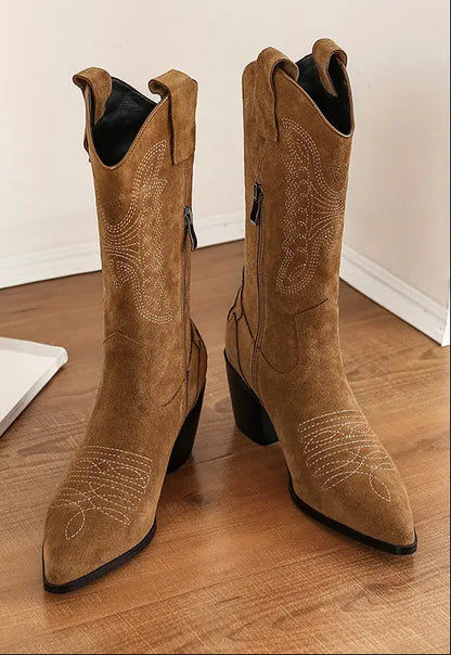 Santiags style chevalier femme, noir et marron, talon 6 cm, semelle caoutchouc résistante.