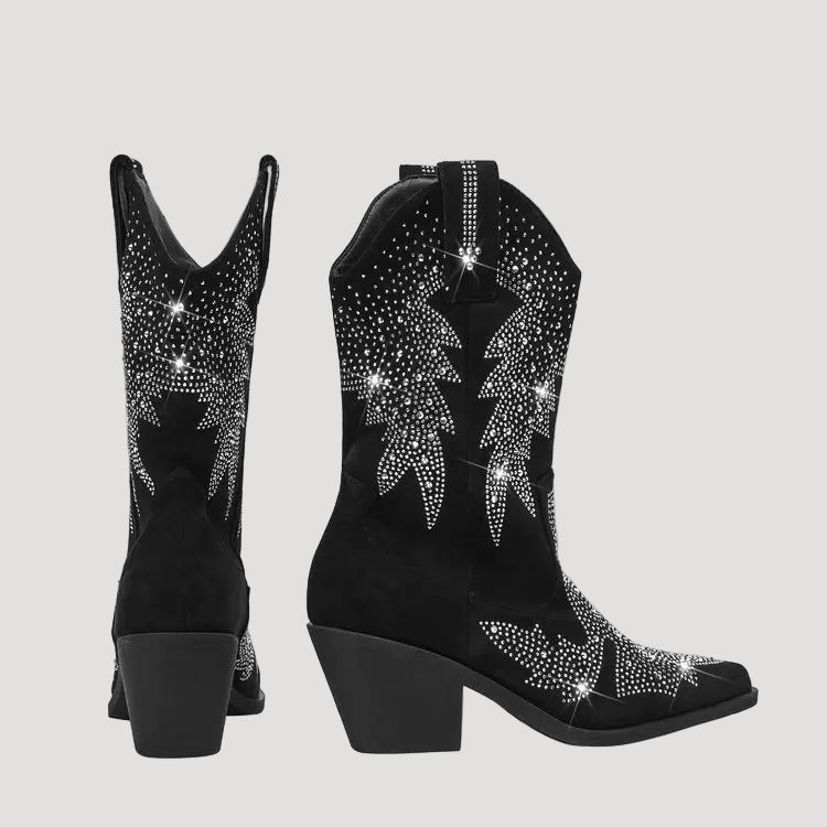 Bottes santiags noires avec strass argentés, talon moyen, photo produit e-commerce, vue de profil.