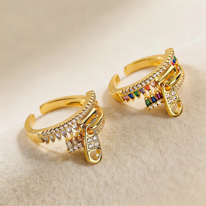 : Bague ajustable dorée zip avec zircon multicolore pour femme SecretBombe