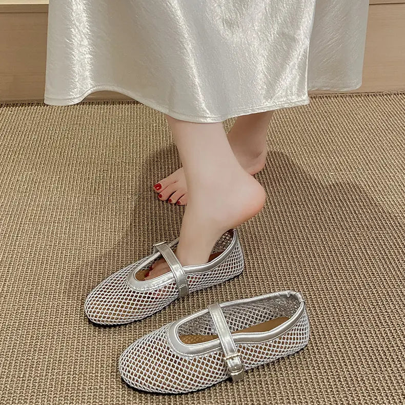 Ballerines femme en résille argentée avec bride – SecretBombe