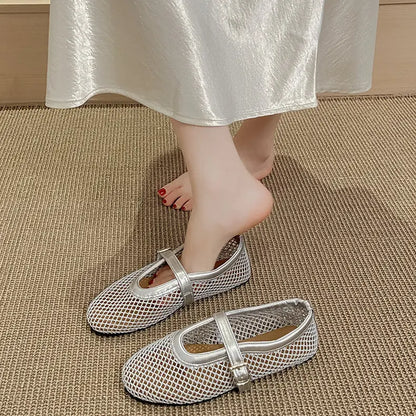 : Ballerines argentées à bout carré et résille transparente – SecretBombe