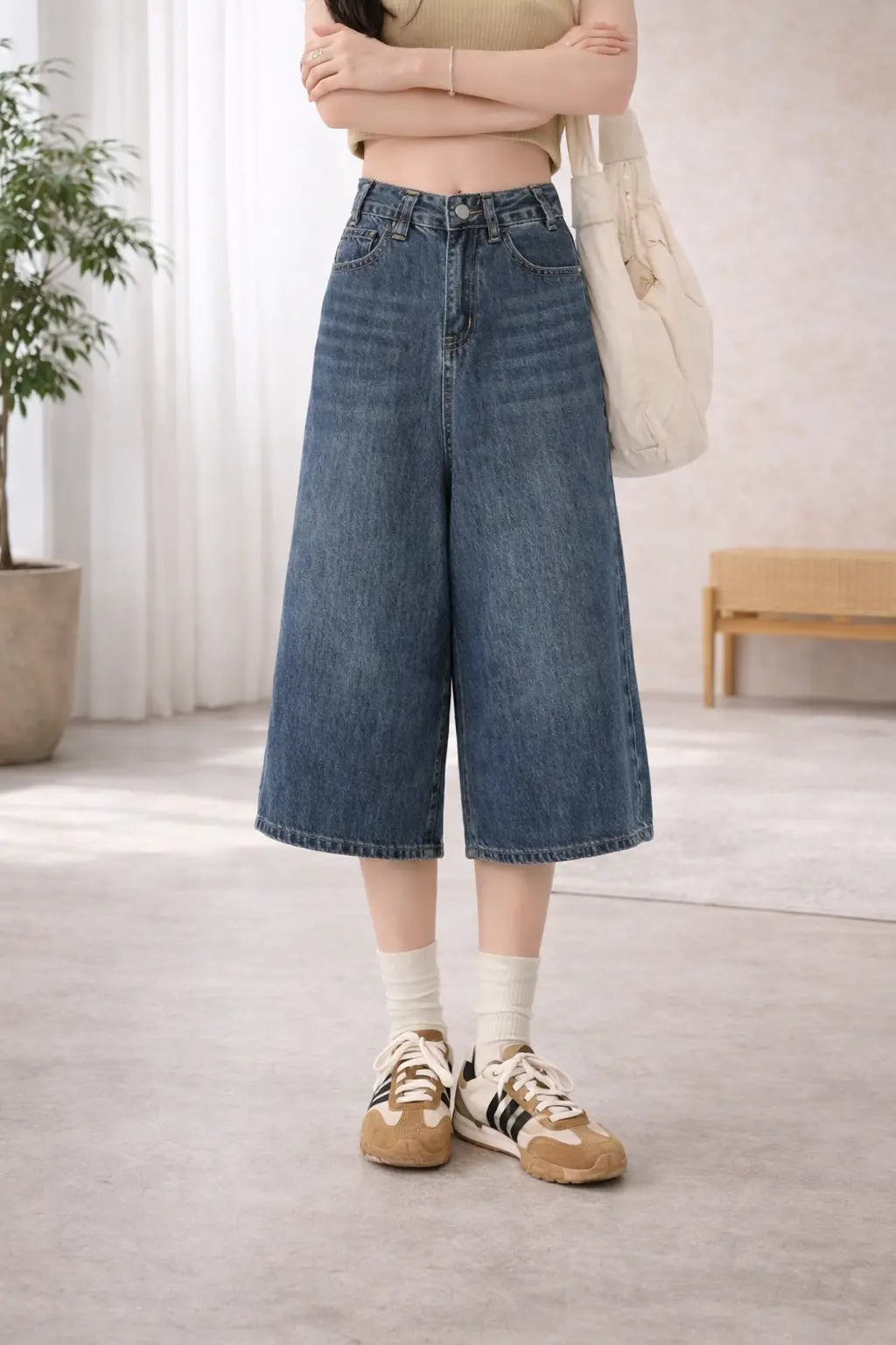 Bermuda Long Femme Jean Denim Taille Haute Coupe Large Évasée Bleu S à 4XL | SecretBombe