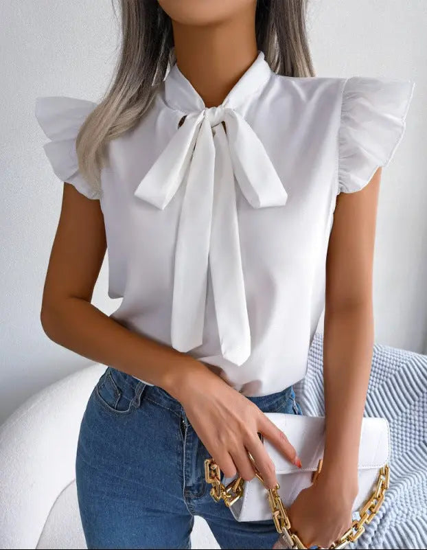 Chemisier femme blanc à col lavallière et manches volantées élégant SecretBombe