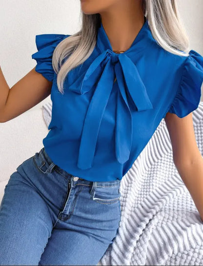 Chemisier femme bleu à col lavallière avec manches volantées SecretBombe