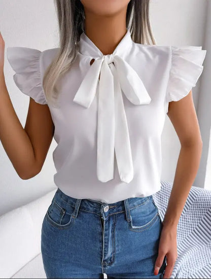 Chemisier blanc femme élégant avec col lavallière et manches volantées SecretBombe