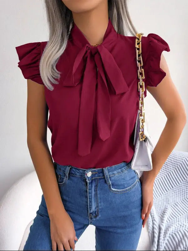 Chemisier femme bordeaux avec nœud lavallière et manches volantées SecretBombe