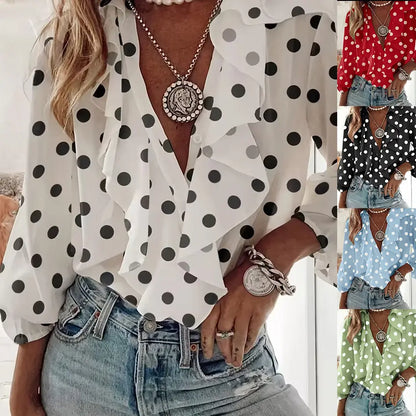 Blouse femme blanche à pois noirs col V – SecretBombe