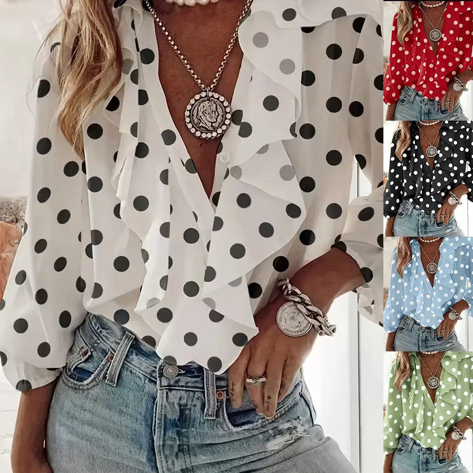 Blouse femme blanche à pois noirs col V – SecretBombe