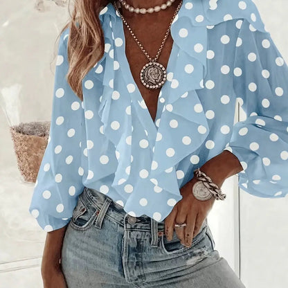 Blouse femme bleue à pois blancs style élégant – SecretBombe