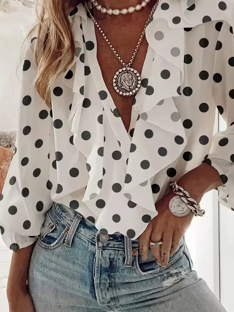 Blouse femme blanche à pois noirs col V – SecretBombe
