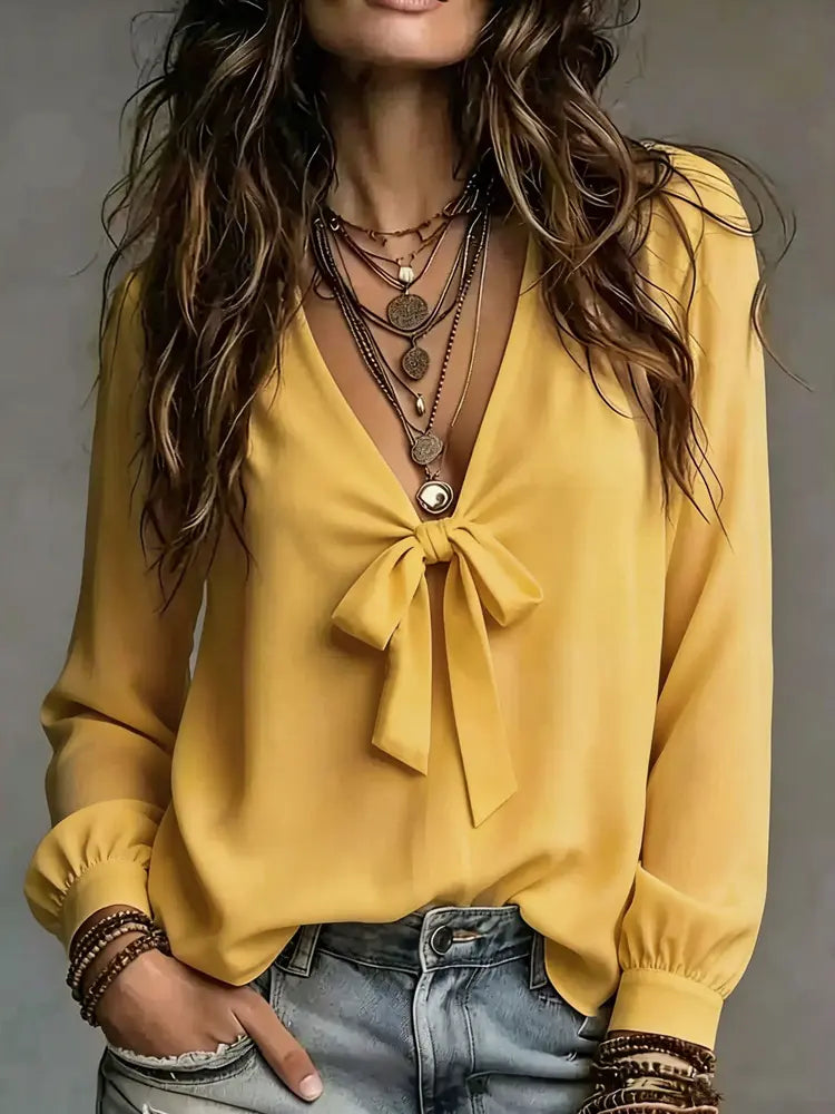 Blouse femme jaune à col V avec nœud SecretBombe
