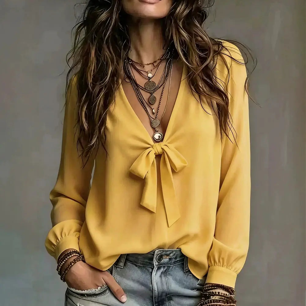 Blouse femme jaune  à col V avec nœud SecretBombe