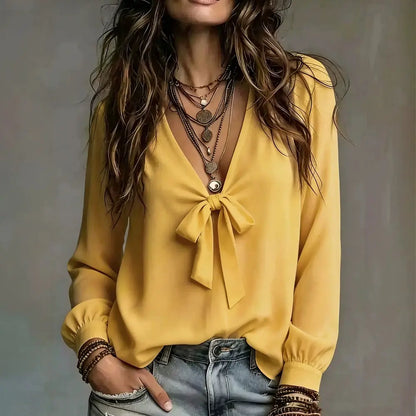 Blouse femme jaune  à col V avec nœud SecretBombe