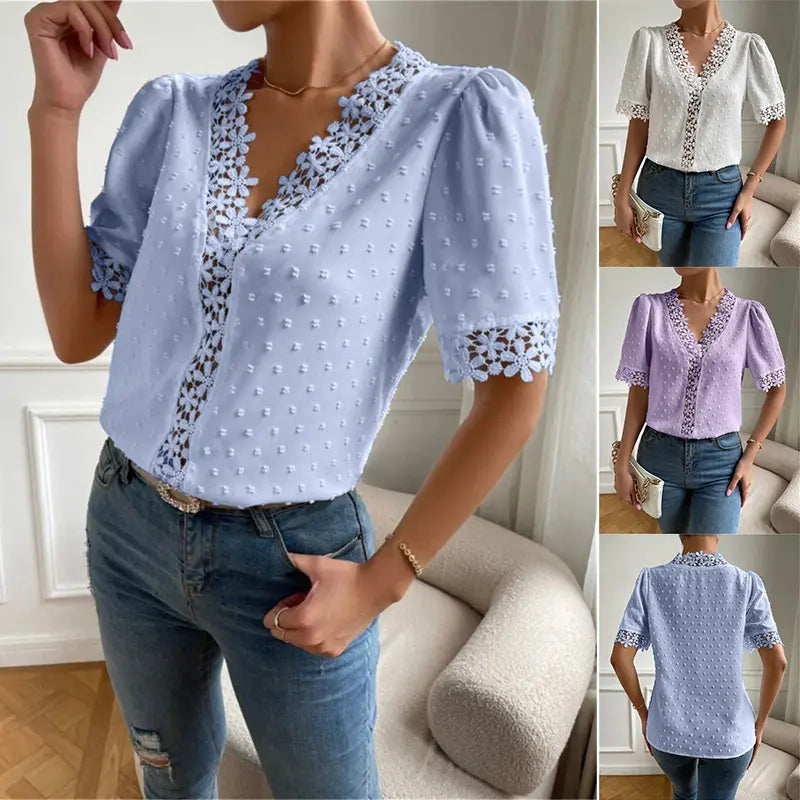 Blouse femme manches bouffantes dentelle florale encolure V brodée style chic SecretBombe