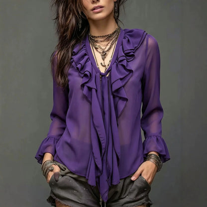 Blouse femme violette à volants et manches longues SecretBombe