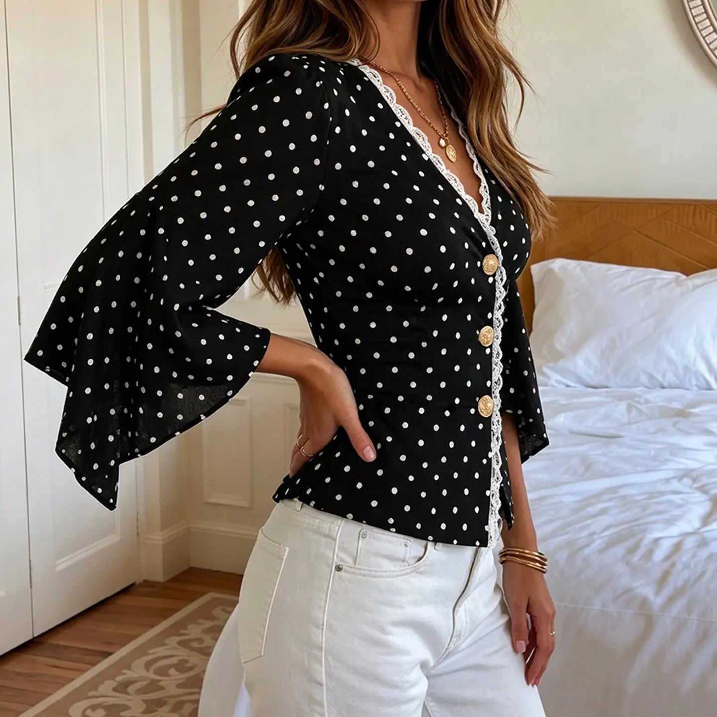 Blouse péplum noire à pois blancs pour femme SecretBombe