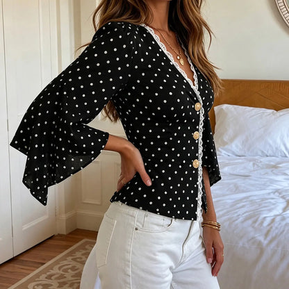 Blouse péplum noire à pois blancs pour femme SecretBombe