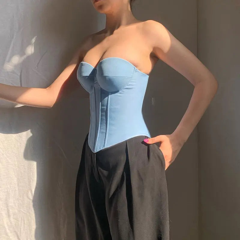 Corset bustier denim femme look urbain chic avec pantalon taille haute SecretBombe