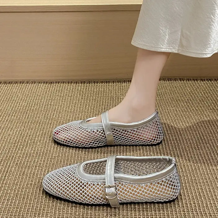 Ballerines argentées à bout carré et résille transparente – SecretBombe