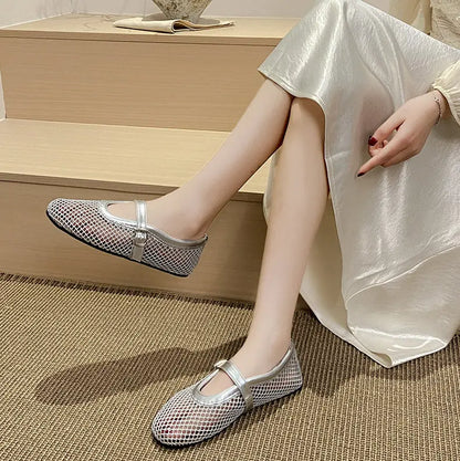Ballerines argentées à bout carré et résille transparente – SecretBombe