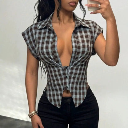 Chemise femme à carreaux bleu avec décolleté V – SecretBombe