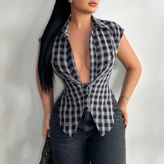 Chemise femme à carreaux bleu avec décolleté V – SecretBombe