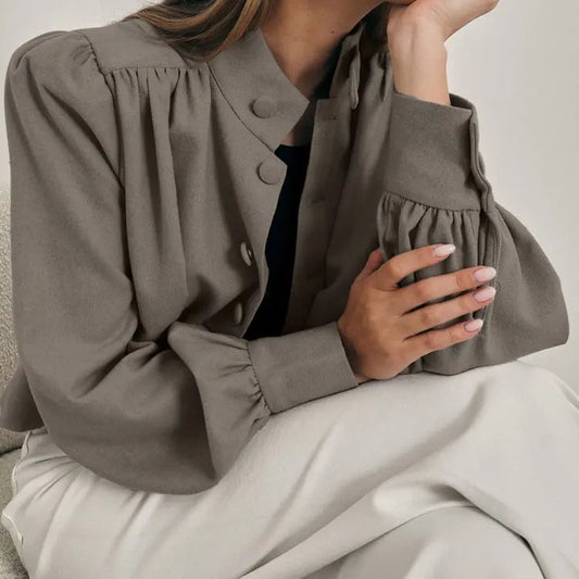 Chemise femme taupe à col montant et manches longues SecretBombe