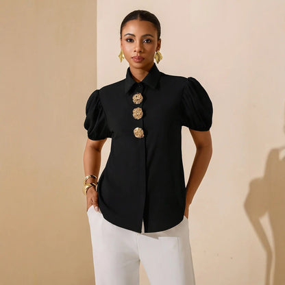 Chemise noire pour femme avec boutons dorés décoratifs SecretBombe
