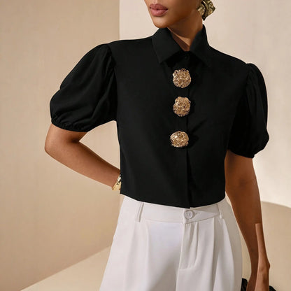Chemise noire pour femme avec boutons dorés décoratifs SecretBombe