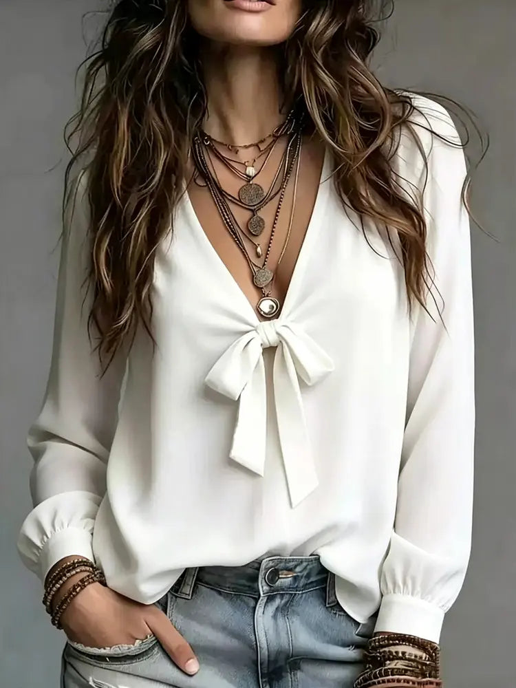 Blouse femme blanche à nœud et manches longues SecretBombe