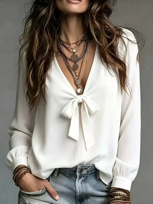 Blouse femme blanche à nœud et manches longues SecretBombe