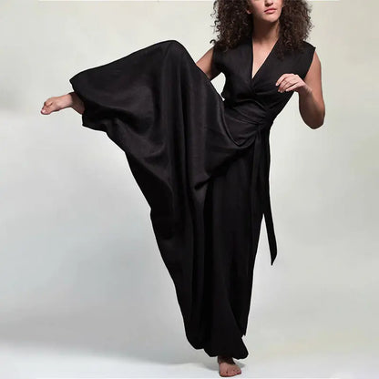 Combinaison noire élégante femme SecretBombe, coupe fluide sans manches avec pantalon large