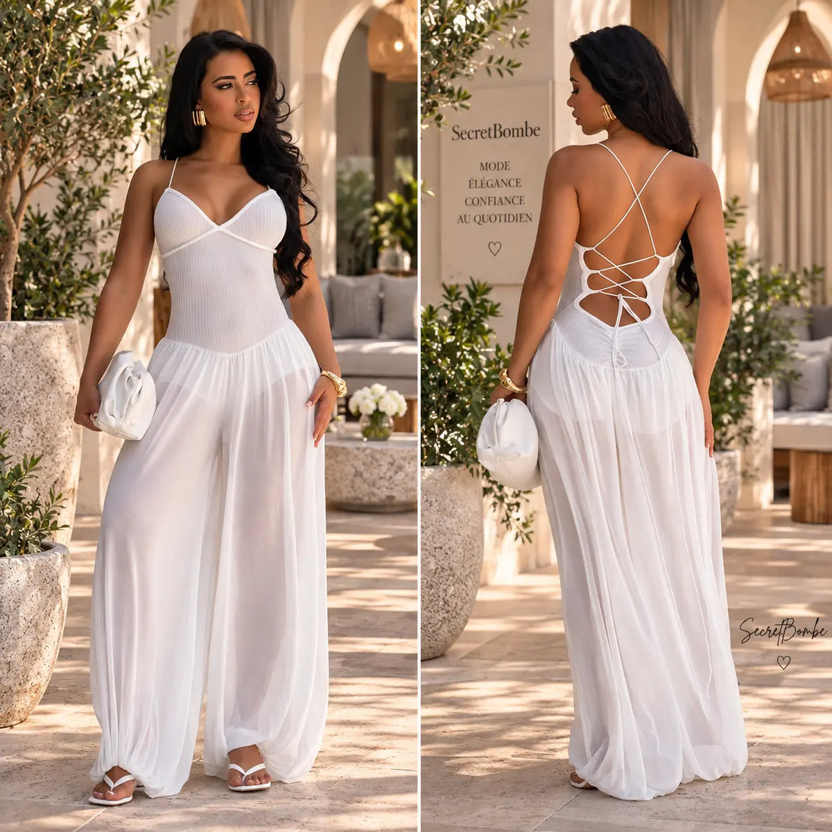 Combinaison pantalon fluide femme noire et blanche SecretBombe