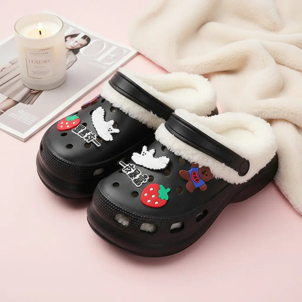 Crocs fourrées noires pour femme – semelle épaisse  SecretBombe