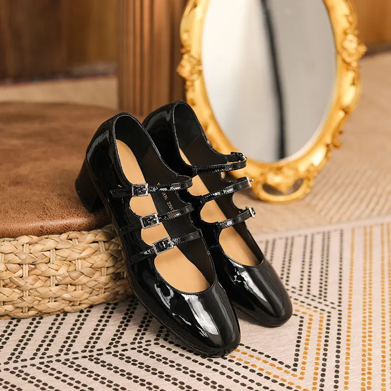 Escarpins rétro à brides en cuir véritable femme