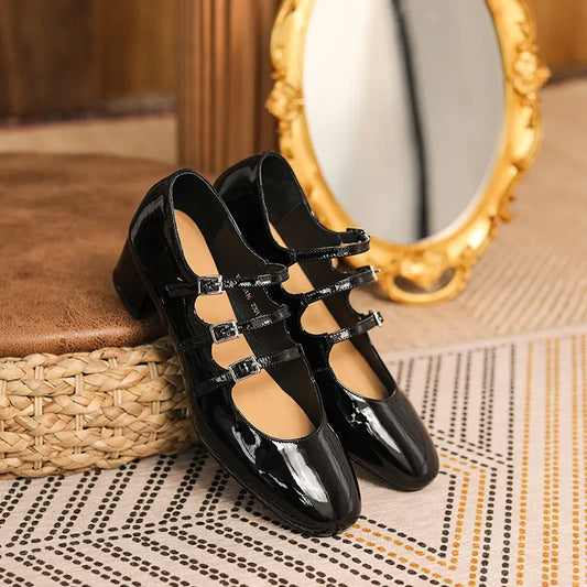 Escarpins rétro à brides en cuir véritable femme
