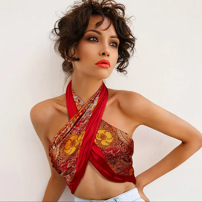 Foulard carré SecretBombe rouge 70x70 imprimé fleurs accessoire mode femme