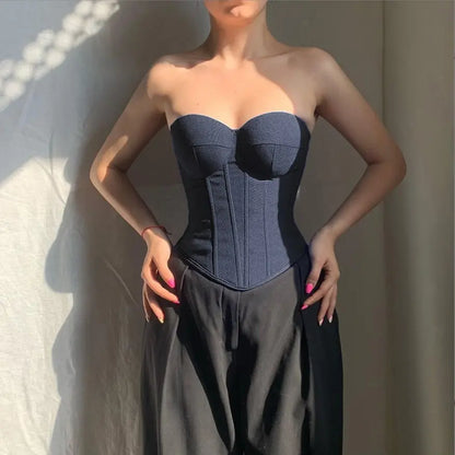 Corset bustier denim bleu brut femme structuré armatures SecretBombe