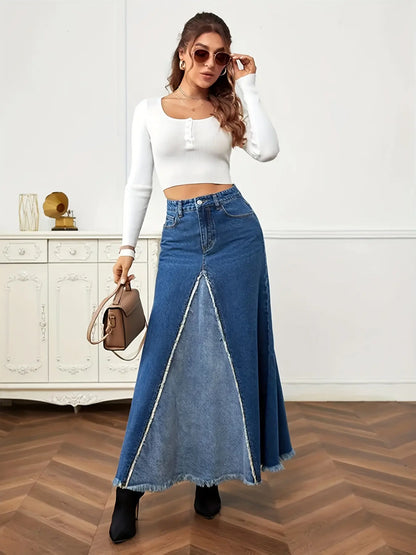 Jupe longue en jean bleu taille haute style élégant – SecretBombe