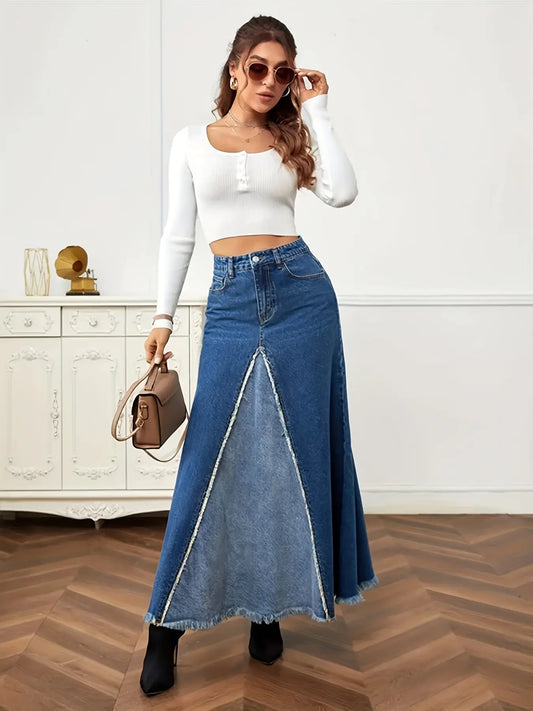Jupe longue en jean bleu taille haute style élégant – SecretBombe