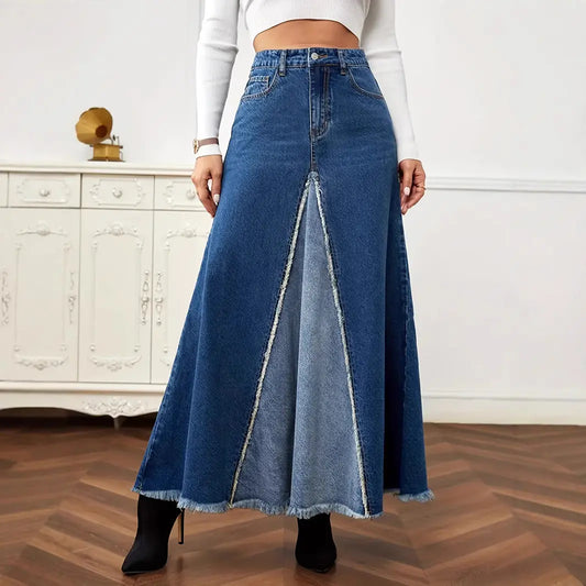 Jupe longue en jean patchwork femme élégante commuter – SecretBombe