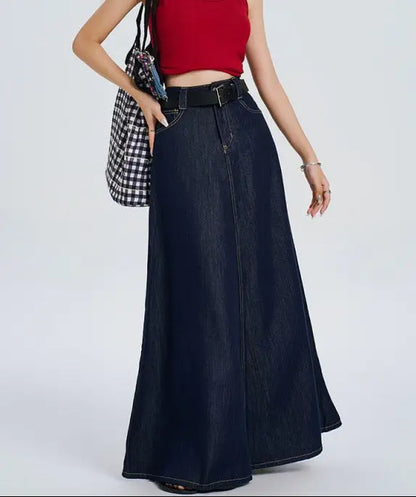 SecretBombe jupe longue en jean bleu foncé avec ceinture ajustable