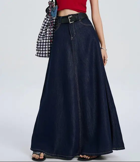 SecretBombe jupe longue en jean bleu foncé avec ceinture pour femme