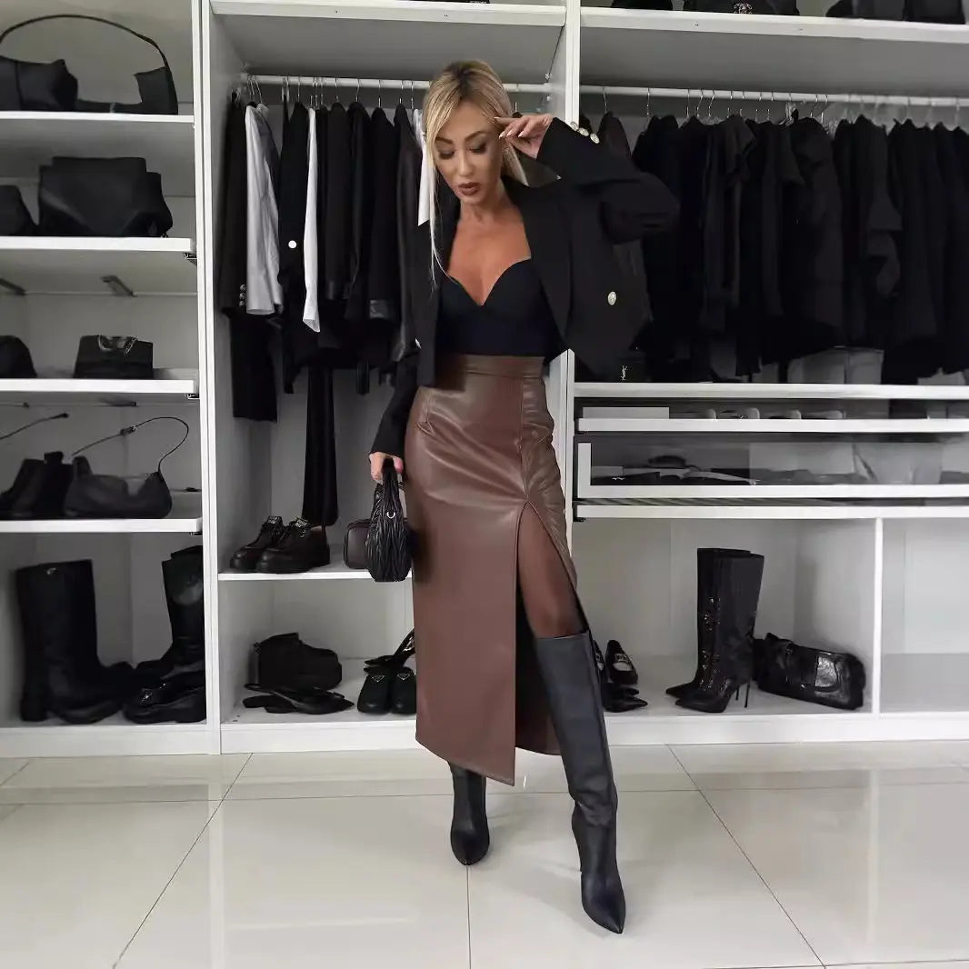 Jupe midi en cuir végan marron fendue coupe ajustée femme – SecretBombe