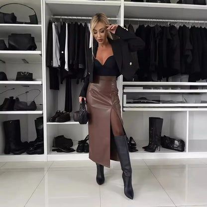 Jupe midi en cuir végan marron fendue coupe ajustée femme – SecretBombe
